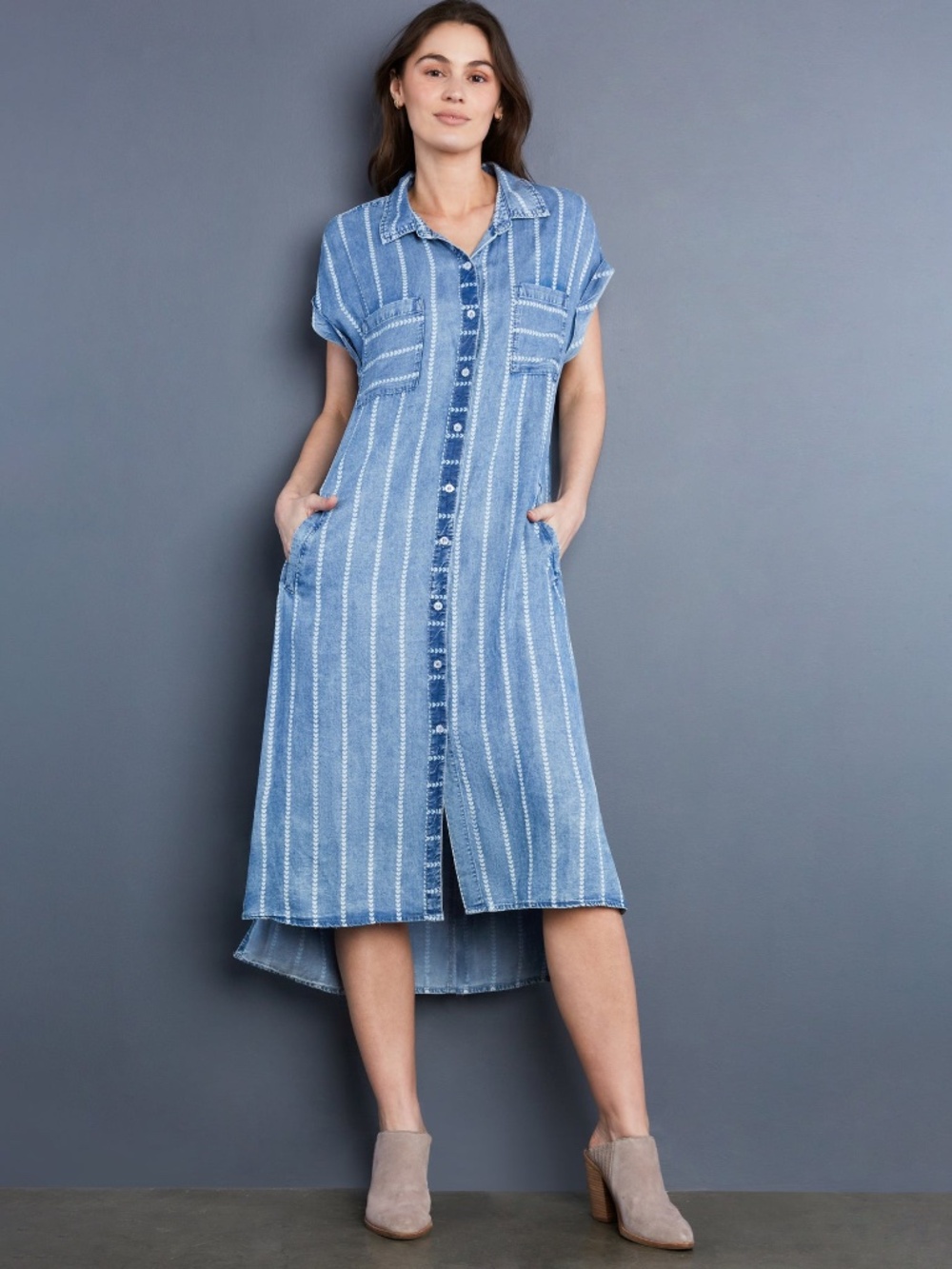 Billy T Mellow Shirt Dress Stripe Hearts Tencel LARGE